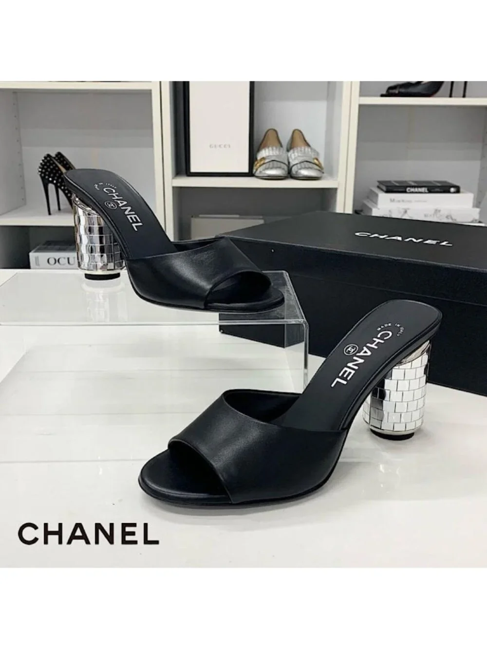 Chanel CC Logo Leather Mirror Heel Sandals Black